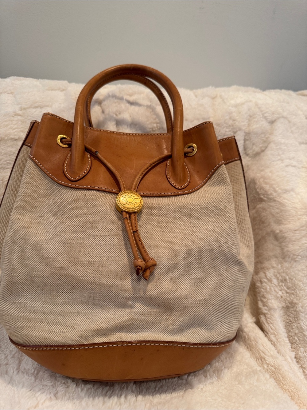 Gucci Canvas and Tan Leather Drawstring Tote